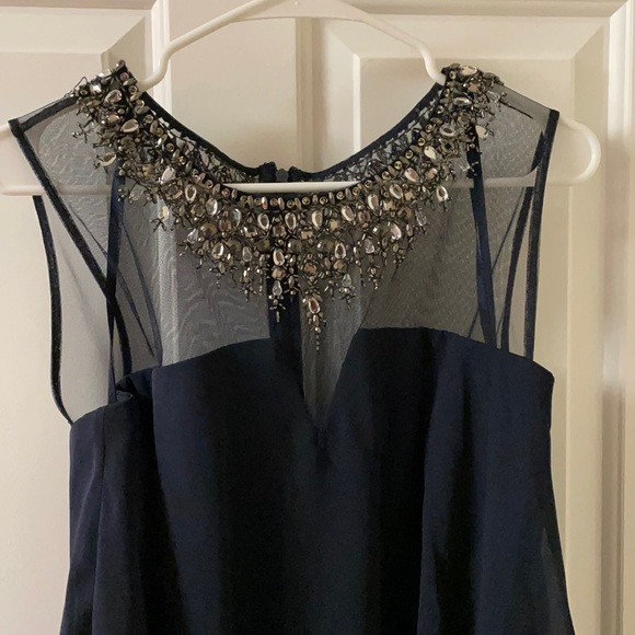 Beautiful beaded mesh front & back long navy blue dress - Picture 3 of 10